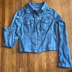 Light blue fully lined wind breaker, casual and wear well with jeans. EUC.